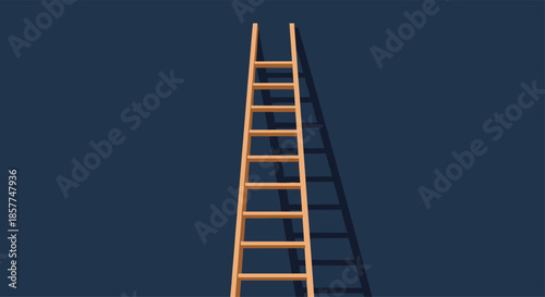 Simple wooden ladder leaning against a dark blue background with a cast shadow, symbolizing progress and ambition.