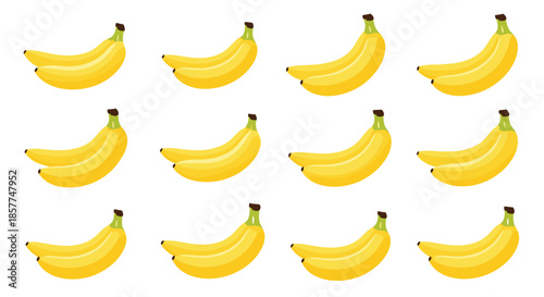 Pattern of twelve bunches of ripe yellow bananas arranged in a neat grid on a white background, fruit illustration.