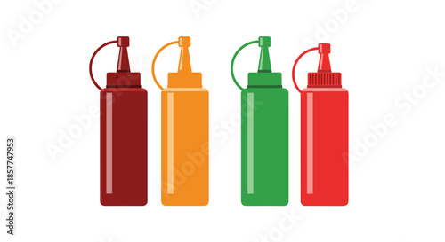 Set of four plastic condiment squeeze bottles in various colors like brown, mustard yellow, green, and red.
