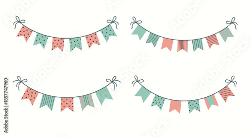 Collection of four decorative party bunting strings with colorful flags in polka dots and stripes, flat vector art.