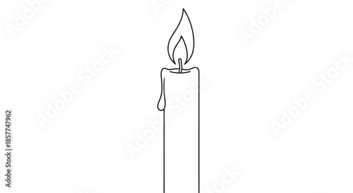 Minimalist line art illustration of a tall burning candle with a single flame and dripping wax, black and white sketch.