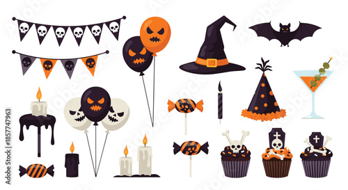 Large set of spooky Halloween party decorations and items such as skulls, bats, witch hats, cupcakes, and candles.