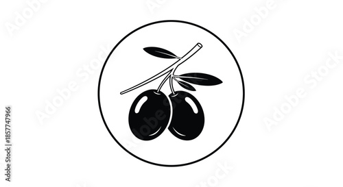 Minimalist black and white emblem of an olive branch with two ripe olives, symbol of peace and health, vector art.