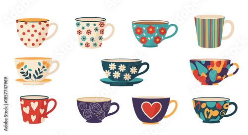 Diverse set of twelve unique coffee mugs and tea cups featuring colorful patterns like hearts, flowers, and dots.