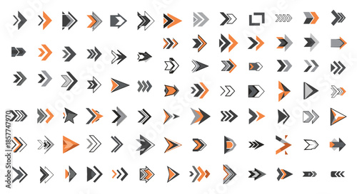 Comprehensive set of diverse arrow symbols and directional icons in black, orange, and grey, flat vector graphics.