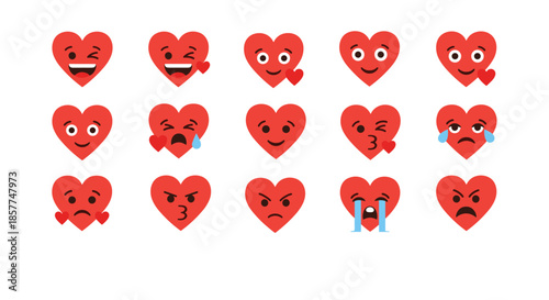 Grid of fifteen red heart icons with various facial expressions like happy, sad, angry, and crying, emoji set.