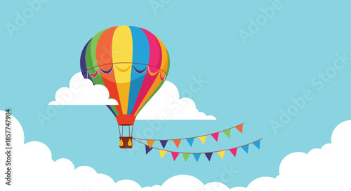 Vibrant hot air balloon with rainbow colors flying through a blue sky with soft white clouds and festive flags.