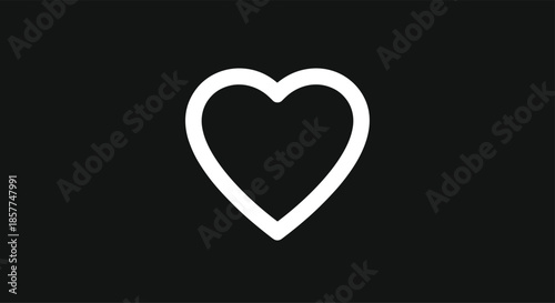 Minimalist heart outline icon in white on a black background, symbol of love, health, and social media likes.
