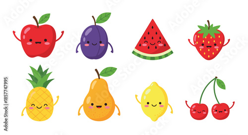 Collection of eight adorable fruit characters with happy faces and arms, perfect for healthy food campaigns.