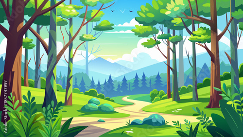 Spring forest landscape vector with fresh green foliage and blue sky, clean flat style
