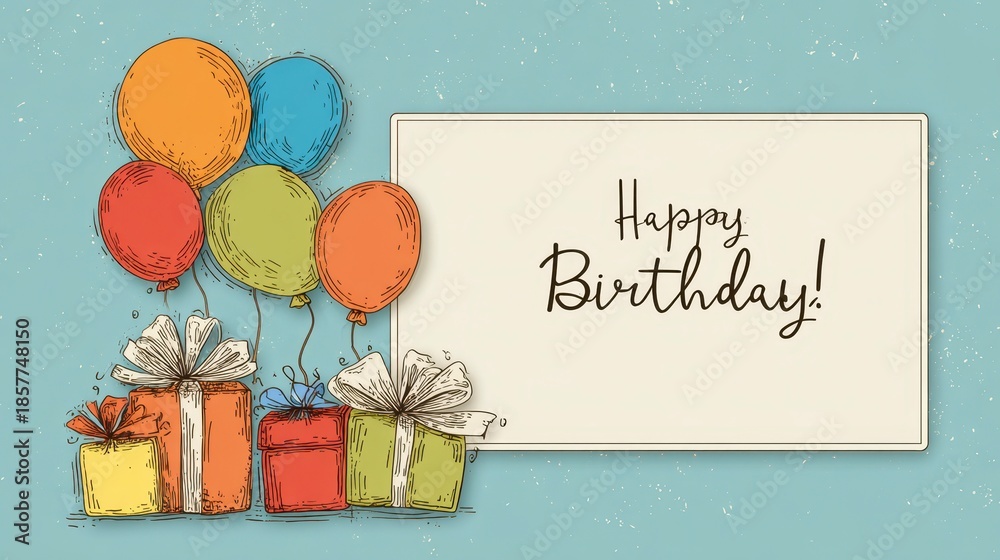 custom made wallpaper toronto digitalA festive birthday card illustration with colorful balloons and wrapped gifts, alongside a blank message board on a teal, textured backdrop