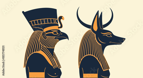 A stylized profile illustration of two ancient Egyptian gods, Horus with the head of a falcon and Anubis with the head of a jackal.