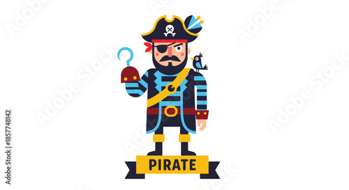 Flat design character of a pirate captain with a hook, eyepatch, and a parrot, presented with a banner on a white background.