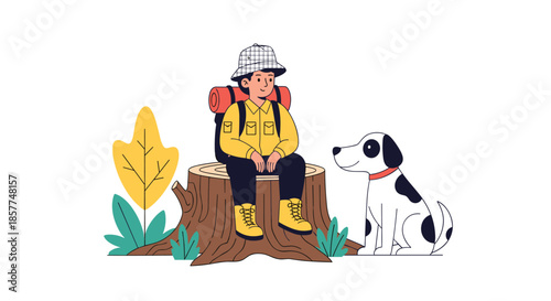 A young boy hiker with a large backpack resting on a tree stump in the forest with his loyal dog companion by his side.