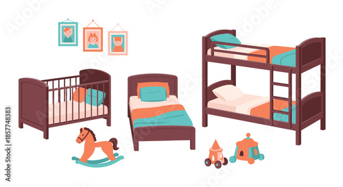 Collection of furniture for a children's bedroom or nursery, including a crib, a toddler bed, and a bunk bed with toys.