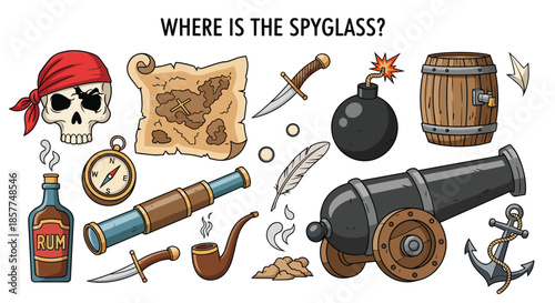 Educational hidden object game for children asking "Where is the spyglass?" among a collection of detailed pirate-themed items.