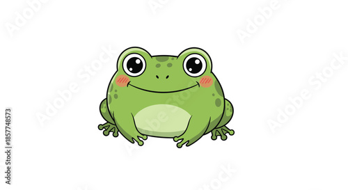 An incredibly cute and chubby green frog with big, shiny eyes and blushing cheeks, smiling sweetly in a kawaii cartoon style.