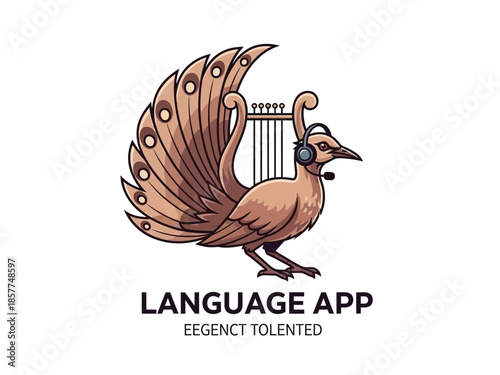 A stylized brown bird with a peacock-like tail, a harp integrated into its neck, and wearing a headset with a microphone, representing a language app.