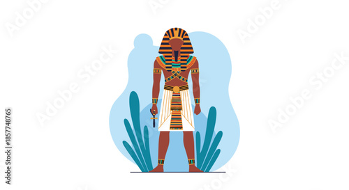 A flat design illustration of a powerful Egyptian pharaoh standing in full traditional regalia against a simple background with plants.