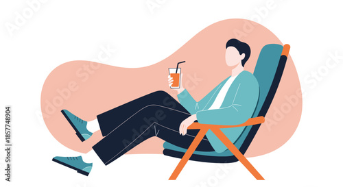 Modern flat vector illustration of a faceless man relaxing in a deck chair with a drink, enjoying a moment of calm and leisure.