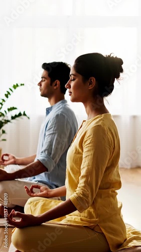 Couple Meditating Together in a Peaceful Room for Relaxation and Wellness.