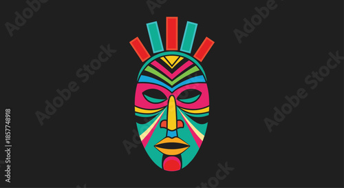 Vibrant and colorful vector illustration of a traditional African tribal mask with geometric patterns and bright colors on a solid black background.