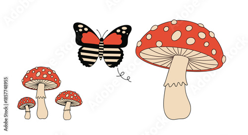 Whimsical retro-style collection of illustrations featuring amanita muscaria mushrooms and a beautiful butterfly on a white background.
