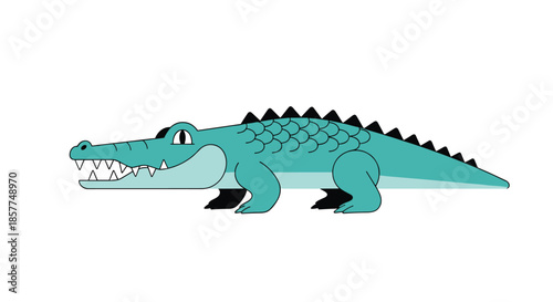 Simple and friendly cartoon illustration of a cute turquoise alligator or crocodile character smiling on a clean white background.