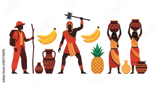 Collection of flat vector illustrations depicting African tribal people, including a warrior and women, with cultural items and fruits.