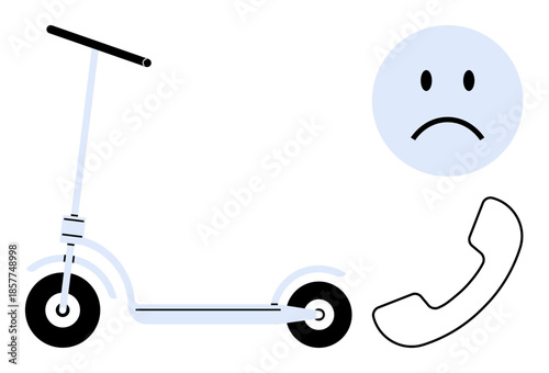 Transportation issue. The composition shows an electric scooter, a phone icon, and a sad face transportation or communication challenges. Transportation concerns, connectivity, customer service