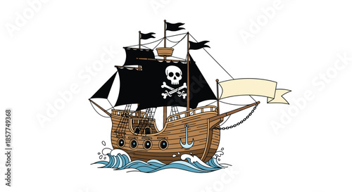Cartoon drawing of a wooden pirate ship with black Jolly Roger sails on the waves, featuring a blank banner for your custom text.