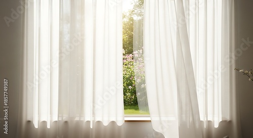Sheer white curtains billow gently in bright sunlight filtering through the window.