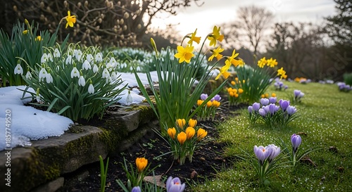 Spring flowers bloom alongside melting snow on a garden path.