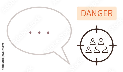 Speech bubble with ellipsis beside a group of people inside a crosshair target, marked Danger. Ideal for social issues, communication risk, security, criticism, responsibility, online safety