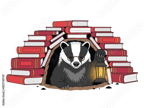 A badger wearing glasses peeks out of a burrow made of stacked books, holding a lantern.
