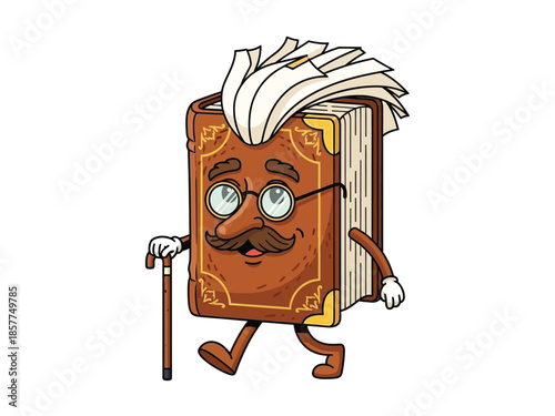 A whimsical cartoon illustration of an old, anthropomorphic book character with a mustache, glasses, and pages for hair, walking with a cane.