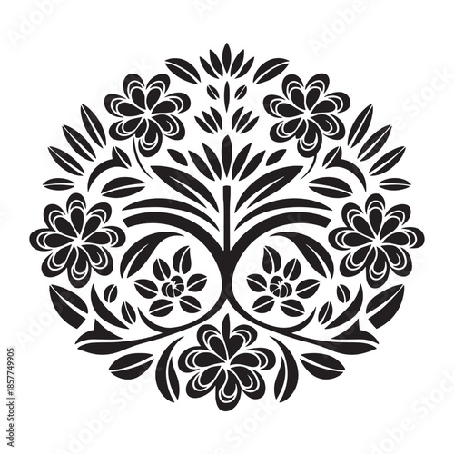 Scandinavian folk art floral design, black and white minimal vector illustration, botanical pattern element, retro style decoration.