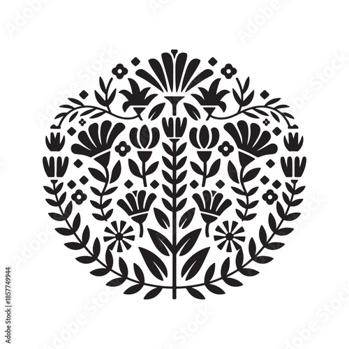 Scandinavian folk art floral design, black and white minimal vector illustration, botanical pattern element, retro style decoration.
