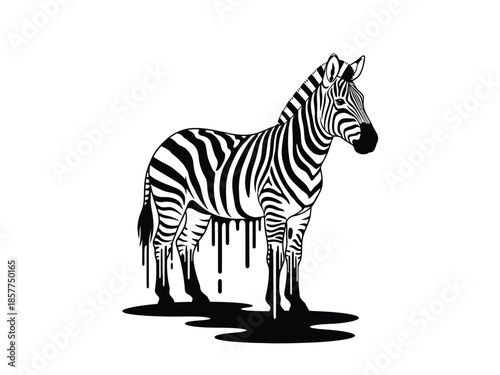 A black and white illustration of a zebra with dripping paint forming its legs and hooves.