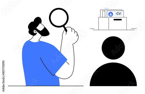 Recruitment process. A recruiter analyzing resumes and searching for candidates with a magnifying glass. Recruitment helps refine hiring practices. Ideal for HR, career services, talent acquisition