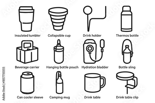 Vector icon holder thermos sleeve icons camping bottle beverage bladder outdoor cup