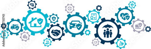 Insurance coverage vector illustration. Blue concept with icons related to insurance coverage and policy, security and safety, financial protection against theft, property damage, health events.