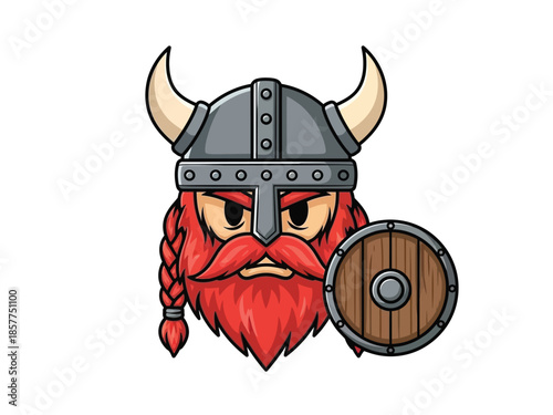 A cartoon illustration of an angry Viking head with a horned helmet, red beard, and a wooden shield.