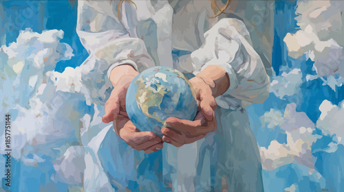 Youthful hands gently cradling a miniature Earth globe against a vibrant blue sky with fluffy clouds, symbolizing global protection and environmental stewardship.