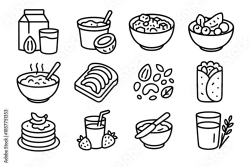 Breakfast banana almond spread glass toast dairy fruit vector scramble icon free