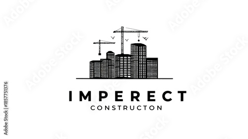 Architectural construction site logo with city skyline and industrial cranes. Urban development, real estate, and building concept.