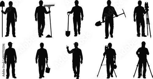 Construction worker silhouettes set with tools, laborer icons, engineer surveyor figures, industrial workforce concept isolated on white background, vector illustration