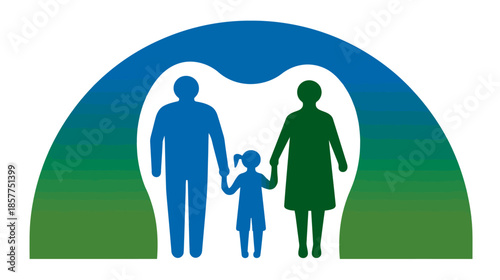 Family dental care concept illustration with parents and child silhouettes under a protective tooth arch in blue and green.