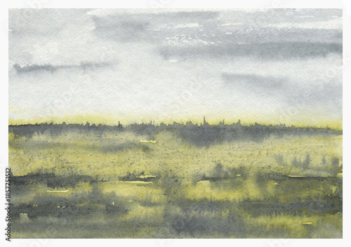 Watercolor painting of a field with a cloudy sky in the background, hand painted illustration