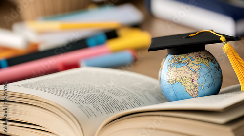 Explore the world of knowledge! A graduation cap sits atop a globe resting on an open book, symbolizing education's global impact. Dream big and learn globally!